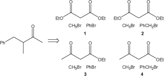 Which combination of organic bromide(s)  and dicarbonyl compound can be used to prepare the following product (in a multistep synthesis) ?   A)  1 B)  2 C)  3 D)  4