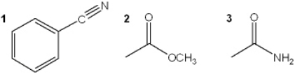 What is the correct assignment of the functional groups in the following compounds?   A)  1 = amide; 2 = ester; 3 = nitrile B)  1 = nitrile; 2 = ester; 3 = imide C)  1 = nitrile; 2 = ester; 3 = amide D)  1 = amide; 2 = carboxylic acid; 3 = imide