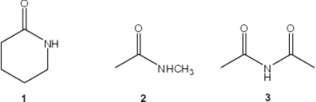 What is the correct assignment of the functional groups in the following compounds?   A)  1 = amide; 2 = imide; 3 = nitrile B)  1 = lactam; 2 = amide; 3 = imide C)  1 = lactam; 2 = imide; 3 = amide D)  1 = imide; 2 = amide; 3 = lactam