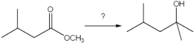 What is the best choice of reagent(s)  to achieve the following transformation?   A)  1. LiAlH<sub>4</sub>; 2. H<sub>3</sub>O<sup>+</sup> B)  1. 2 eq. CH<sub>3</sub>MgBr; 2. H<sub>3</sub>O<sup>+</sup> C)  1. (CH<sub>3</sub>) <sub>2</sub>CuLi; 2. H<sub>3</sub>O<sup>+</sup> D)  1. 2 eq. CH<sub>3</sub>I