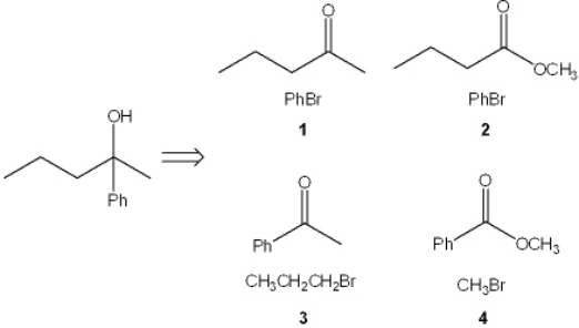 Which combination(s)  of organic bromide and carbonyl compound can be used to prepare the following product by reaction of the Grignard reagent derived from the alkyl bromide with the carbonyl compound?   A)  only 1 B)  only 1 and 2 C)  only 1 and 3 D)  only 3 and 4