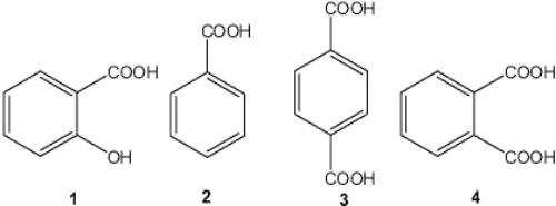 What is the correct assignment of the names of the following substituted benzenes?   A)  1 = salicylic acid; 2 = benzoic acid; 3 = terephthalic acid; 4 = phthalic acid B)  1 = terephthalic acid; 2 = salicylic acid; 3 = benzoic acid; 4 = phthalic acid C)  1 = salicylic acid; 2 = terephthalic acid; 3 = phthalic acid; 4 = benzoic acid D)  1 = phthalic acid; 2 = benzoic acid; 3 = terephthalic acid; 4 = salicylic acid