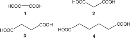 What is the correct assignment of the names of the following substituted benzenes?   A)  1 = succinic acid; 2 = oxalic acid; 3 = malonic acid; 4 = adipic acid B)  1 = oxalic acid; 2 = malonic acid; 3 = succinic acid; 4 = adipic acid C)  1 = oxalic acid; 2 = succinic acid; 3 = adipic acid; 4 = malonic acid D)  1 = adipic acid; 2 = malonic acid; 3 = succinic acid; 4 = oxalic acid