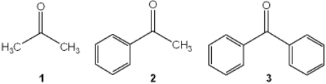What is the correct assignment of the names of the following ketones?   A)  1 = acetone; 2 = phenol; 3 = benzaldehyde B)  1 = acetone; 2 = acetophenone; 3 = benzophenone C)  1 = formaldehyde; 2 = benzaldehyde; 3 = acetophenone D)  1 = acetaldehyde; 2 = acetophenone; 3 = benzaldehyde
