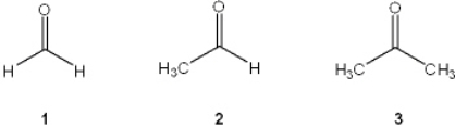 What is the correct assignment of the names of the following aldehydes and ketones?   A)  1 = acetone; 2 = acetaldehyde; 3 = formaldehyde B)  1 = acetaldehyde; 2 = acetophenone; 3 = benzophenone C)  1 = formaldehyde; 2 = acetaldehyde; 3 = acetone D)  1 = acetaldehyde; 2 = acetone; 3 = acetophenone