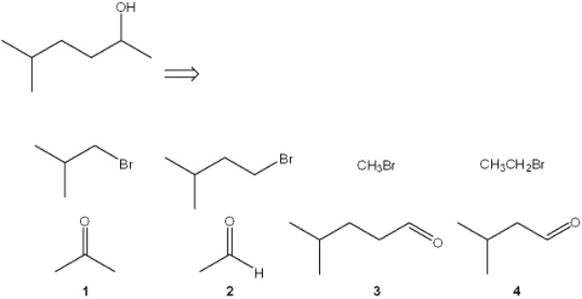 Which combination(s)  of alkyl bromide and carbonyl compound can be used to prepare the following product by addition of the Grignard reagent derived from the alkyl bromide to the carbonyl compound?   A)  only 1 B)  only 3 C)  only 1 and 4 D)  only 2 and 3
