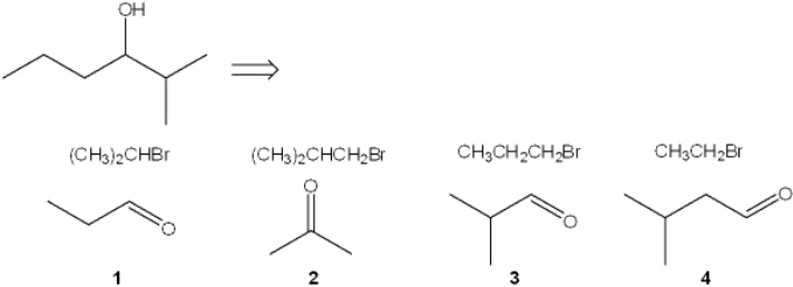 Which combination(s)  of alkyl bromide and carbonyl compound can be used to prepare the following product by addition of the Grignard reagent derived from the alkyl bromide to the carbonyl compound?   A)  only 1 B)  only 3 C)  only 1 and 3 D)  only 2 and 4