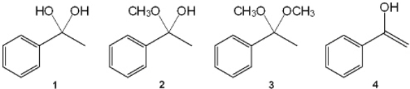 What is the correct assignment of the names of the following functional groups?   A)  1 = enol; 2 = hydrate; 3 = acetal; 4 = hemiacetal B)  1 = acetal; 2 = hydrate; 3 = enol; 4 = hemiacetal C)  1 = hydrate; 2 = hemiacetal; 3 = acetal; 4 = enol D)  1 = enol; 2 = hydrate; 3 = hemiacetal; 4 = enol