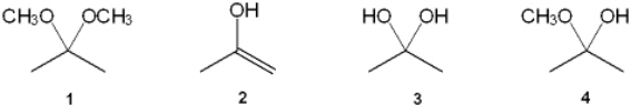 What is the correct assignment of the names of the following functional groups?   A)  1 = acetal; 2 = hydrate; 3 = acetal; 4 = hemiacetal B)  1 = acetal; 2 = enol; 3 = hydrate; 4 = hemiacetal C)  1 = hydrate; 2 = hemiacetal; 3 = acetal; 4 = enol D)  1 = enol; 2 = hydrate; 3 = hemiacetal; 4 = enol