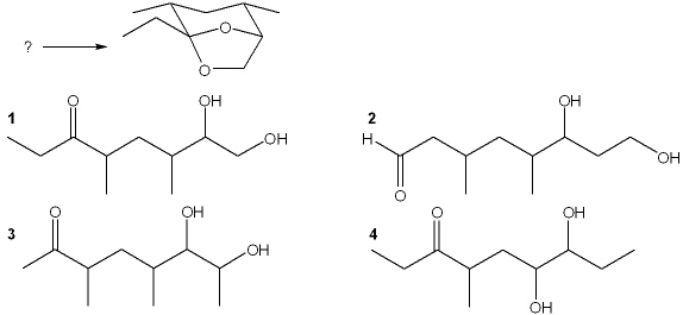 Which ketone-diol undergoes cyclization to form the following acetal?   A)  1 B)  2 C)  3 D)  4