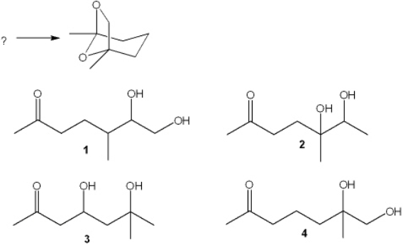 Which ketone-diol undergoes cyclization to form the following acetal?   A)  1 B)  2 C)  3 D)  4