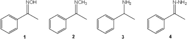 What is the correct assignment of the names of the following functional groups?   A)  1 = imine; 2 = amine; 3 = hydrazone; 4 = oxime B)  1 = hydrazone; 2 = amine; 3 = imine; 4 = oxime C)  1 = oxime; 2 = imine; 3 = amine; 4 = hydrazone D)  1 = imine; 2 = hydrazone; 3 = oxime; 4 = amine