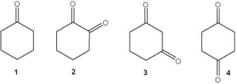 Which of the following has the highest K<sub>eq</sub> for enolization?   A)  1 B)  2 C)  3 D)  4
