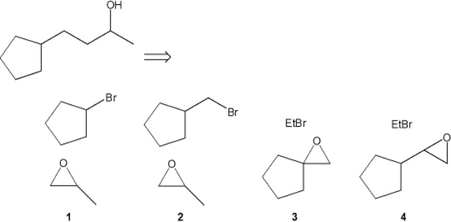 Which combination(s)  of alkyl bromide and epoxide can be used to prepare the following product by addition of the Grignard reagent derived from the alkyl bromide to the epoxide?   A)  only 1 B)  only 2 C)  only 1 and 3 D)  only 2 and 4