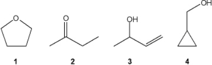 Which of the following compounds gives an infrared spectrum with peaks at 1000-1250 cm<sup>-1</sup> (strong) , but does not have peaks at 3200-3650 or 1630-1820 cm<sup>-1</sup> (sharp, weak peak) ?   A)  1 B)  2 C)  3 D)  4