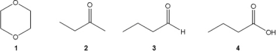 Which of the following compounds does not give an infrared spectrum with peak at ~1750 cm<sup>-1</sup>?   A)  1 B)  2 C)  3 D)  4