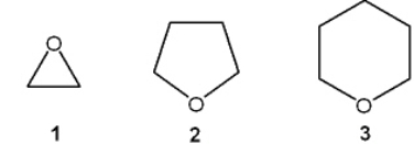 What is the correct assignment of the names of the following ethers?   A)  1 = oxirane; 2 = oxetane; 3 = oxane B)  1 = oxirane; 2 = oxitane; 3 = oxane C)  1 = oxane; 2 = dioxane; 3 = oxetane D)  1 = oxirane; 2 = oxolane; 3 = oxane