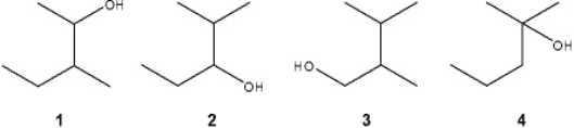  Which of the following is/are primary (1 \degree )  alcohols?   A)  only 1 B)  only 3 C)  only 1 and 3 D)  only 2, 3, and 4 