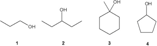 Which of the following alcohols reacts fastest with HBr to give the corresponding alkyl bromide?   A)  1 B)  2 C)  3 D)  4