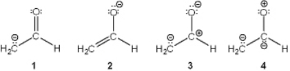 Which of the following resonance structures makes the largest contribution to the structure of [H<sub>2</sub>CCHO]<sup> -</sup>?   A)  1 B)  2 C)  3 D)  4