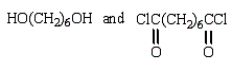 A polymer has the repeating unit drawn below:   The two monomers used to make the polymer are shown below.  