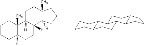 The following tetracylic structure is common to steroids, an importnat class of biomolecules that have a number of sterocenters. Modify the structure on the right by placing the hydrogen atoms and methyl groups to accurately depict the structure on the left (including steeochemistry).  
