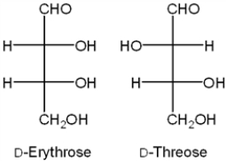 What is the relationship between D-erythrose and D-threose?   A)  constitutional isomers B)  enantiomers C)  diastereomers D)  tautomers