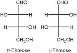 What is the relationship between D-threose and L-threose?   A)  constitutional isomers B)  enantiomers C)  diastereomers D)  tautomers