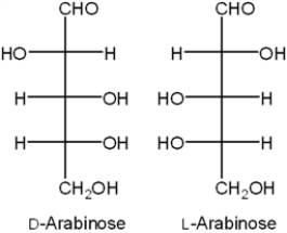 What is the relationship between D-arabinose and L-arabinose?   A)  constitutional isomers B)  enantiomers C)  diastereomers D)  tautomers