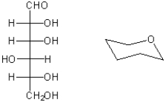 Complete the structure on the right so that it represents the pyranose form of the carbohydrate shown on the left as a Fischer projection. Place the substituents carefully so that their position in axial or equatorial positions accurately reflects the stereochemistry of the carbohydrate.  