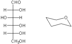 Complete the structure on the right so that it represents the pyranose form of the carbohydrate shown on the left as a Fischer projection. Place the substituents carefully so that their position in axial or equatorial positions accurately reflects the stereochemistry of the carbohydrate.  