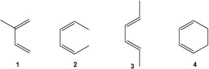 Which of the following is the least reactive diene in Diels Alder reactions?   A)  1 B)  2 C)  3 D)  4