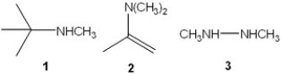 What is the correct assignment of the names of the functional groups in the following nitrogen-containing compounds?   A)  1 = 2° amine; 2 = enamine; 3 = hydrazine B)  1 = 2° amine; 2 = amide; 3 = nitrile C)  1 =oxime; 2 = hydrazone; 3 = nitrile D)  1 = imine; 2 = hydrazone; 3 = amide