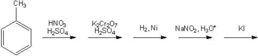 What is the major organic product obtained from the following sequence of reactions (assume that mixtures of ortho and para disubstituted compounds can be separated; continue the synthesis with either one)?  