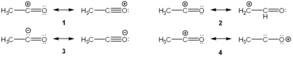 Which of the following are valid resonance structures of the electophile involved in Friedel-Crafts acylation of benzene upon treatment with CH<sub>3</sub>COCl and AlCl<sub>3</sub>?   A)  1 B)  2 C)  3 D)  4