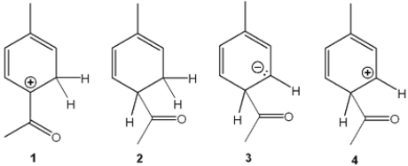 Which of the following is the reactive intermediate formed in the electrophilic Friedel-Crafts acylation of toluene with CH<sub>3</sub>COCl and AlCl<sub>3</sub>?   A)  1 B)  2 C)  3 D)  4