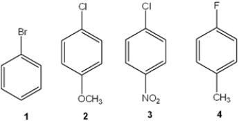Which of the following compounds undergoes the most rapid nucleophilic substitution with hydroxide ion?   A)  1 B)  2 C)  3 D)  4