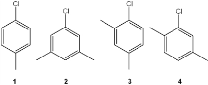 Which of the following chlorobenzenes produces a single isomer upon treatment with NaNH<sub>2</sub>?   A)  1 B)  2 C)  3 D)  4