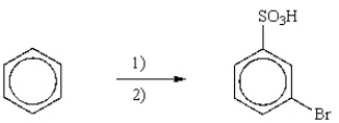 The best sequence in which to carry out the following reaction is 1) Br<sub>2</sub>, AlBr<sub>3</sub>, 2) H<sub>2</sub>SO<sub>4</sub>, SO<sub>3</sub>.  