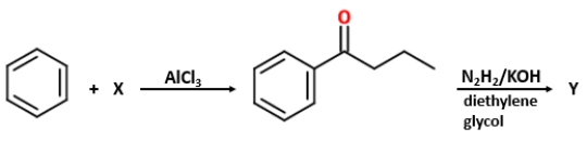 Identify  X  and  Y  in the following reaction. ​   A)  X is butanoyl chloride, and Y is   . B)  X is pentanoyl chloride, and Y is   . C)  X is butanoyl chloride, and Y is   . D)  X is pentanoyl chloride, and Y is   .