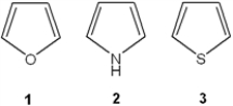 What is the correct assignment of the names of the following heterocycles?   A)  1 = pyrrole; 2 = thiophene; 3 = pyridine B)  1 = thiophene; 2 = furan; 3 = pyrrole C)  1 = furan; 2 = pyrrole; 3 = thiophene D)  1 = furan; 2 = thiophene; 3 = pyrrole