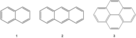 What is the correct assignment of the names of the following fused arenes?   A)  1 = naphthalene; 2 = anthracene; 3 = pyrene B)  1 = naphthalene; 2 = phenanthrene; 3 = coronene C)  1 = naphthalene; 2 = anthracene; 3 = benzo[a]pyrene D)  1 = anthracene; 2 = naphthalene; 3 = coronene