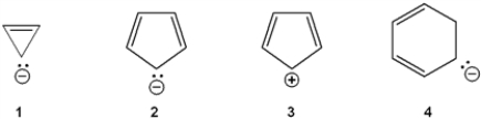 Which of the following ions is aromatic?   A)  1 B)  2 C)  3 D)  4