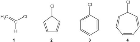 Which of the following compounds undergoes heterolytic carbon-halogen bond cleavage to form a stable organic cation?   A)  1 B)  2 C)  3 D)  4