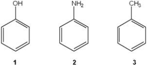 Which of the following has the compounds shown in the correct order of decreasing acidity (i.e., more acidic > less acidic) ?   A)  1 > 2 > 3 B)  2 > 1 > 3 C)  3 > 2 > 1 D)  1 > 3 > 2
