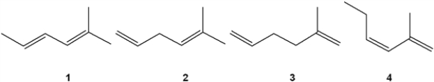 Which of the following alkenes undergoes the least exothermic hydrogenation upon treatment with H<sub>2</sub>/Pd   A)  1 B)  2 C)  3 D)  4