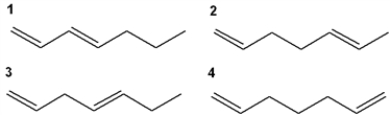 Which of the following has the highest value of λ<sub>max</sub> in the ultraviolet-visible spectrum?   A)  1 B)  2 C)  3 D)  4