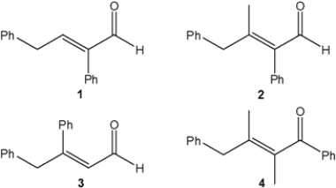 Which of the following compounds can be prepared by an aldol condensation by treating a single carbonyl compound with base?   A)  1 B)  2 C)  3 D)  4