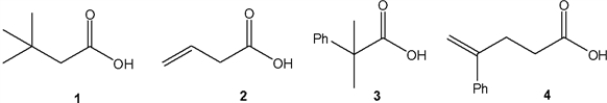 Which of the following carboxylic acids can be made via a malonate ester synthesis?   A)  1 B)  2 C)  3 D)  4