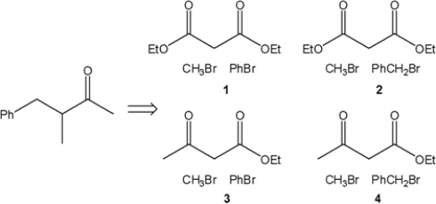 <strong>Which combination of organic bromide(s) and dicarbonyl compound can be used to prepare the following product (in a multistep synthesis)? </strong> A) 1 B) 2 C) 3 D) 4